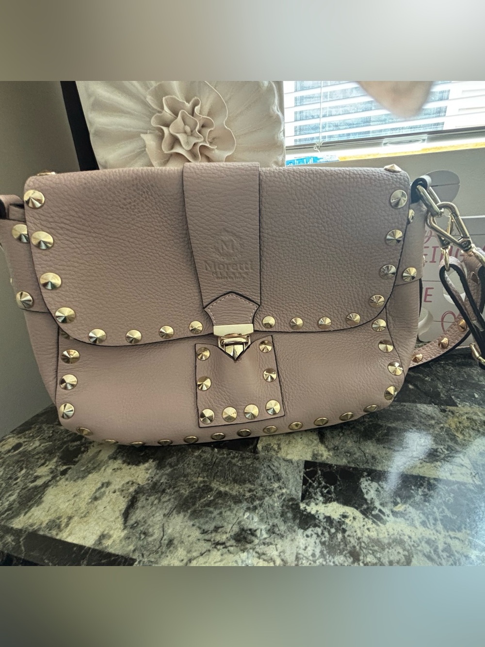 Moretti Milano Studded Leather Crossbody Bag in Mauve